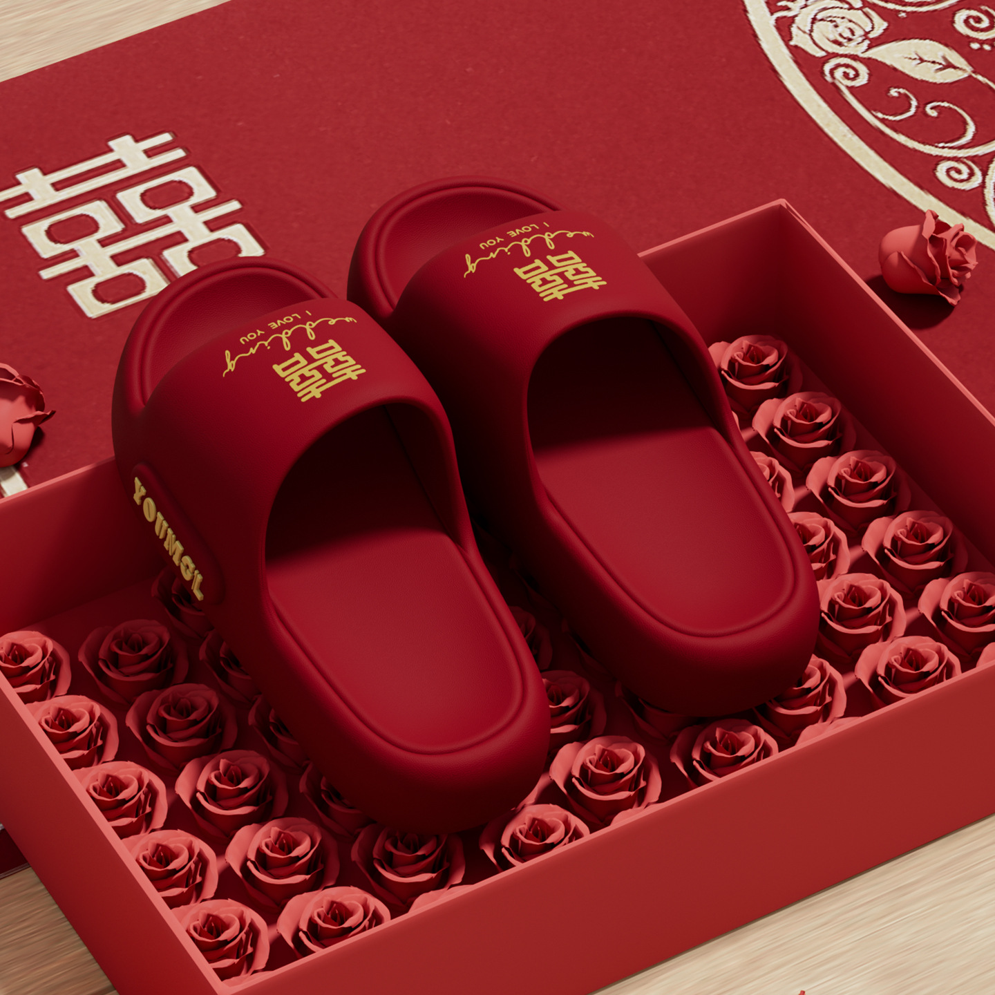 Zapatillas de verano para la boda festiva una pareja roja boda boda interior antideslizante baño ligero zapatillas frías
