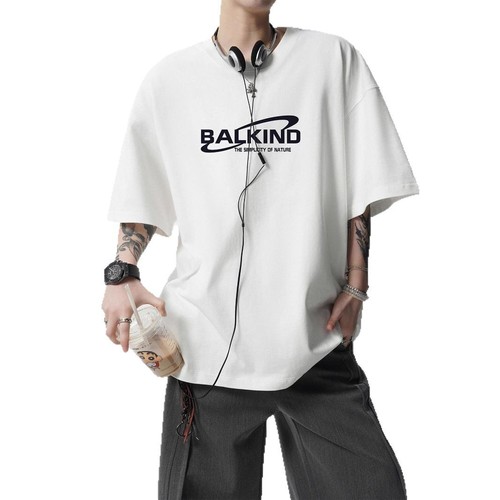 220g heavyweight short-sleeve T-shirt for men, summer drop shoulder loose 7/8 sleeve T-shirt, oversize versatile half-sleeve 5/8 sleeve