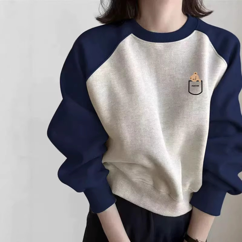 European Fashion Casual Color-Blocking Round-Neck Women's Sweatshirt for Spring, Autumn, and Winter 2025 New Style Loose Fit with Fleece