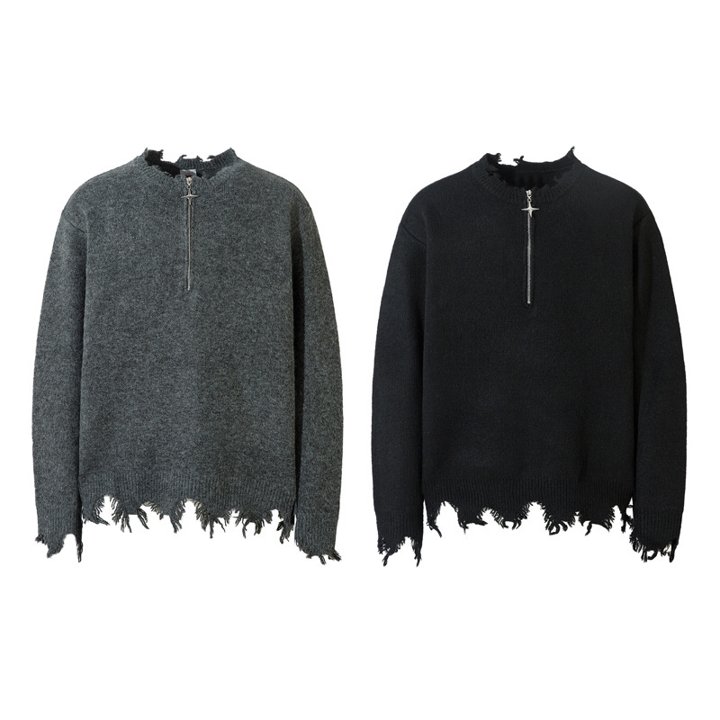 Pull zippé à ourlet endommagé de la rue haute, pull en tricot de niche hip-hop surdimensionné de marque de mode américaine pour hommes_voghion.com