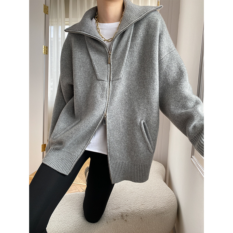 Sinan doble cremallera perezoso moda gran perfil suelto solapa de punto suéter cardigan SN4084