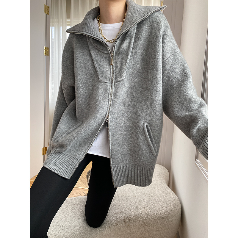 Sinan double zipper lazy fashionable large loose profile lapel knitted cardigan sweater SN4084 Sinan double zipper lazy fashionable large loose profile lapel knitted cardigan sweater SN4084
