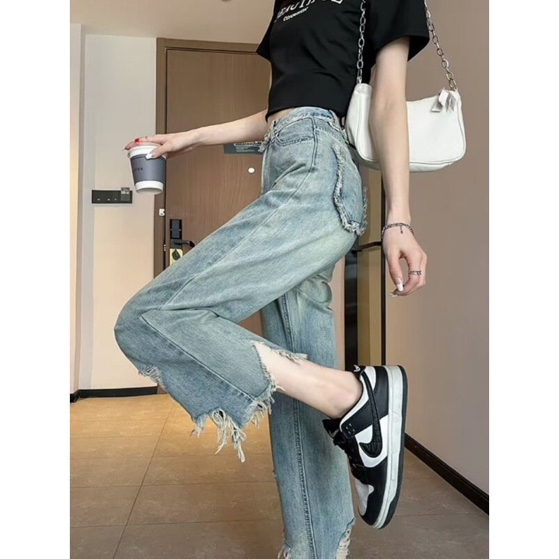 2024 Straight-Leg Jeans for Women, Spring & Fall Raw Edge Design, Ripped High Waist, Slimming Look, Loose Nine-Point Pants for Small People…