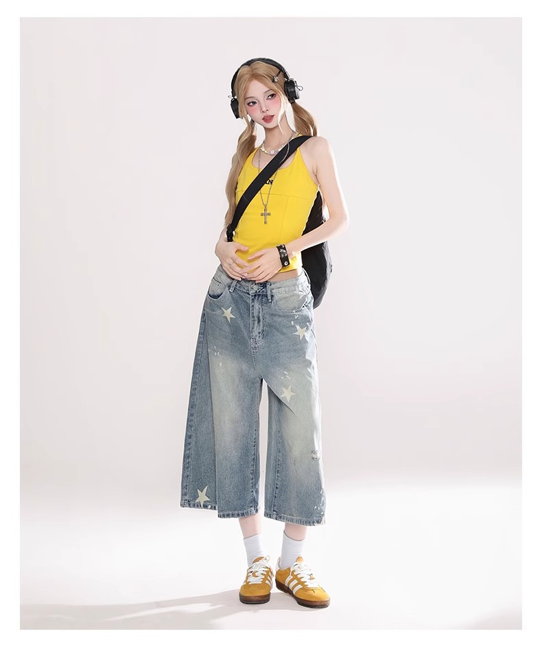 Quần short denim nữ phong cách Mỹ cổ điển, dáng rộng in hình ngôi sao — Màu xanh nhạt ([mẫu cao cấp, mềm mại và thoải mái hơn]) chi tiết 6