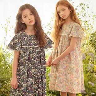 2024 Girls' New Little Flying Sleeve Lace Dress for Older Children Korean Style Fresh Floral Beach Dress