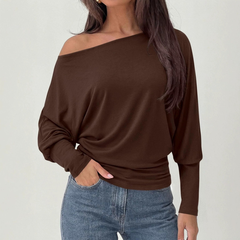 New autumn in-stock off-shoulder, waist-cinching, long-sleeved top, fashionable, simple, casual style, versatile bat-sleeve base shirt for women New autumn in-stock off-shoulder, waist-cinching, long-sleeved top, fashionable, simple, casual style, versatile bat-sleeve base shirt for women