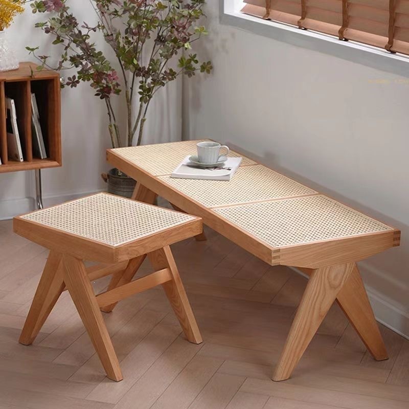 Nordic Style Wooden Rattan Shoe-Changing Bench, Double-Layer Rattan Surface Long Bench, Trendy Restaurant Long Bench, Vintage Style Rattan Chair