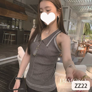 新款夏美式学院风Polo领撞色双条纹高弹坑条针织杉女修身显瘦背心