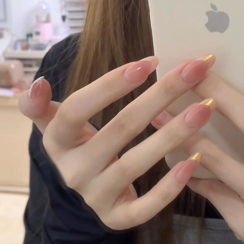 Explosions Peach Gradient French Magic Mirror Powder Nail Art Gentle Blush Medium Oval Hand-worn False Nails Explosions Peach Gradient French Magic Mirror Powder Nail Art Gentle Blush Medium Oval Hand-worn False Nails