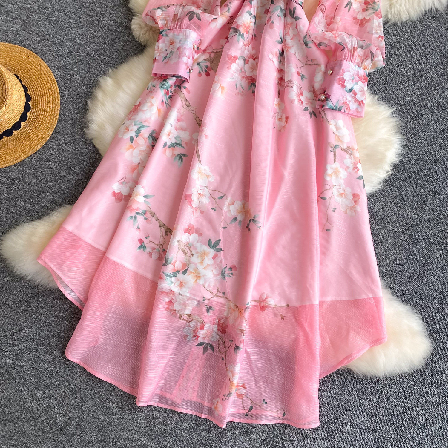Women's French Style Printed Dress Fitted Openwork Long Sleeves Lapel Collar Tie Waist A-Line Long Skirt for Commuting_ecoleips.com