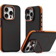 適用iPhone15Promax膚感磨砂鏡頭支架蘋果14雙色邊防摔磁吸手機殼