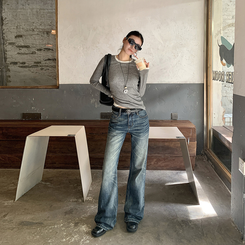 Cross-Border 2026 Winter New American Retro Washed Vintage Mid-Low Waist Non-Stretch Slightly Loose Flared Floor-Length Jeans Cross-Border 2026 Winter New American Retro Washed Vintage Mid-Low Waist Non-Stretch Slightly Loose Flared Floor-Length Jeans