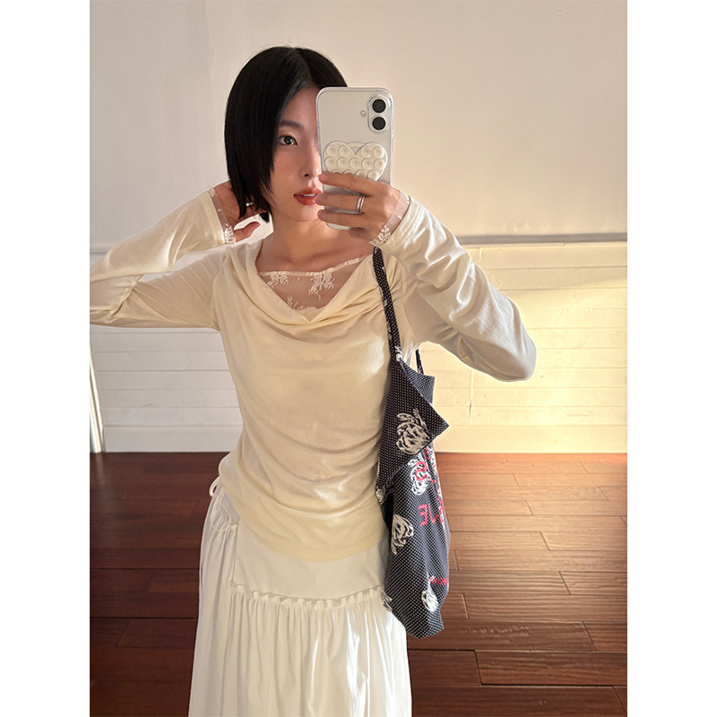 Yifu Original Style Korean Style Lace Patchwork Faux Two-Piece Long Sleeve T-Shirt Spring New Elastic Top 5796