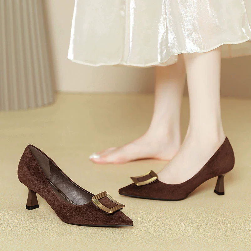 Туфли женские на шпильке с острым носком, новые весенне-осенние 2025, черные замшевые, удобные, во французском стиле, на низком каблуке