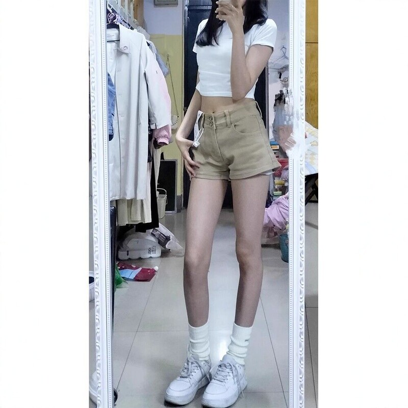 Khaki Low-Waist Slim-Fit Hot Girl Denim Shorts for Women, 2026 Summer New American High Street Versatile Hot Pants