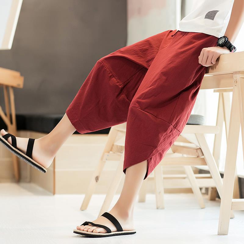 Pantalones casuales delgados originales, pantalones cortos para hombres, bombachos, pantalones anchos sueltos de algodón y lino, pantalones harem de gran tamaño, pantalones de lino