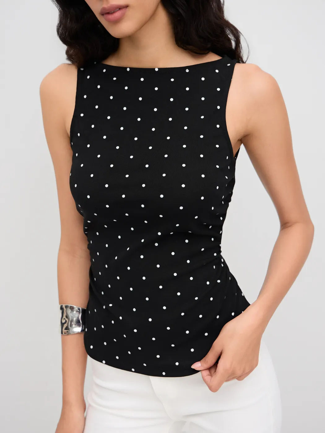 Camiseta americana de punto ondulado para mujeres de verano cuello de barco retro plegado cintura delgada chaleco sexy camisa sin mangas image 1