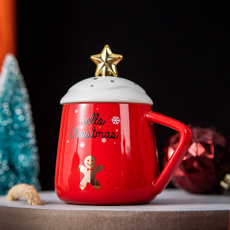 创意陶瓷圣诞杯时尚色釉杯带盖带勺瓷杯厂家批发马克杯水杯咖啡杯