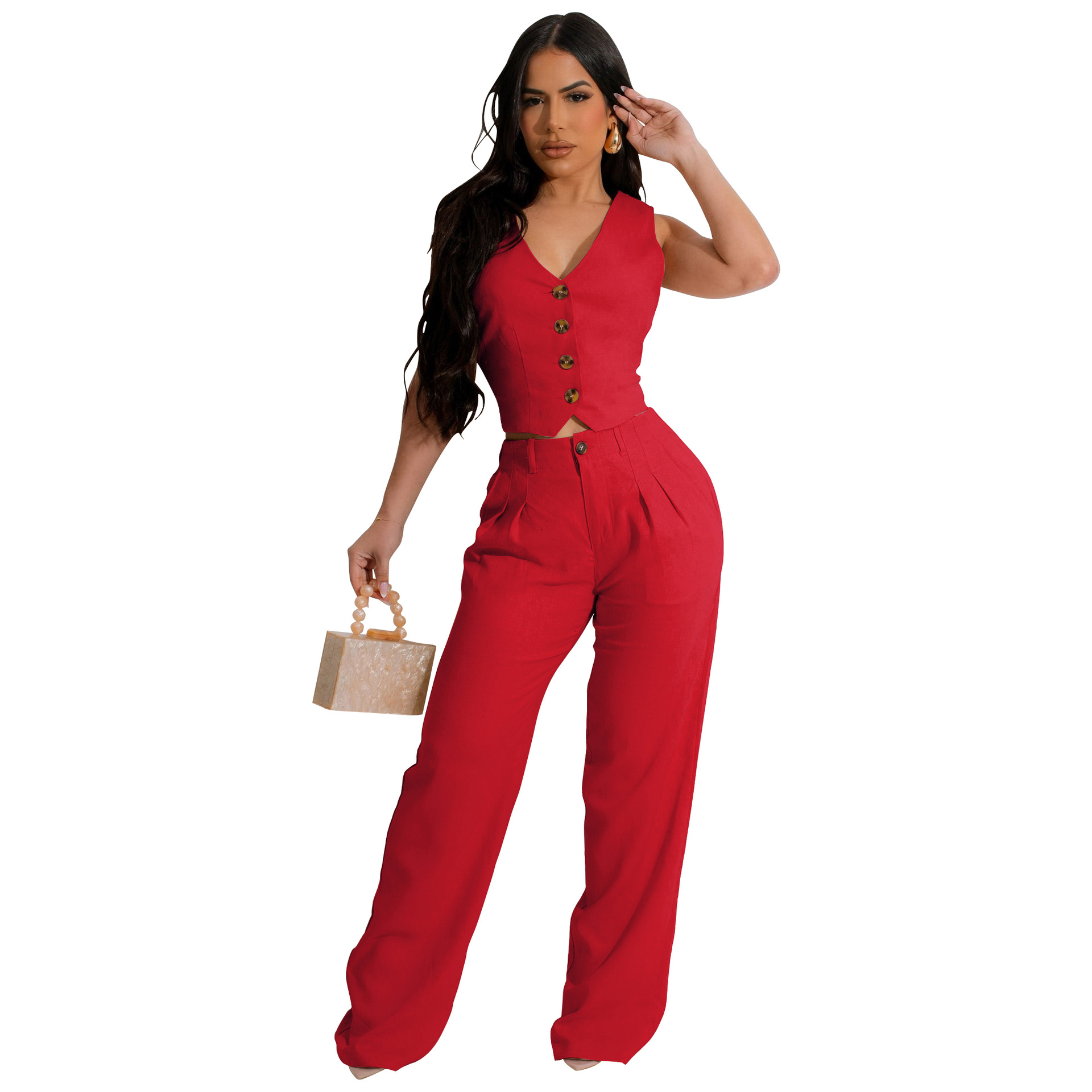 350g Weight Sleeveless Sleeve Length Spandex, Polyester Fabric Type Pant Co-ord Set Sets Type 2 Pieces Set Quantity Holiday Occasion V Neck Neckline Slim Fit Type Solid Color Pattern Summer Season Women's Gender Button Design Casual Style Holiday Women's Casual Solid Color Spandex Polyester Button Pant Co-ord Set Pants Sets 16