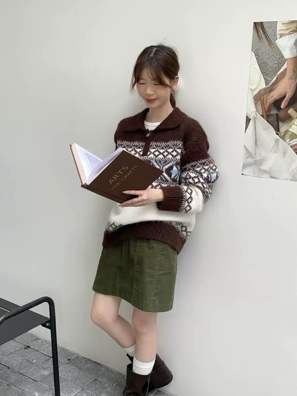 复古费尔岛半拉链翻领套头毛衣女2025秋冬新款韩系宽松软糯针织衫|undefined