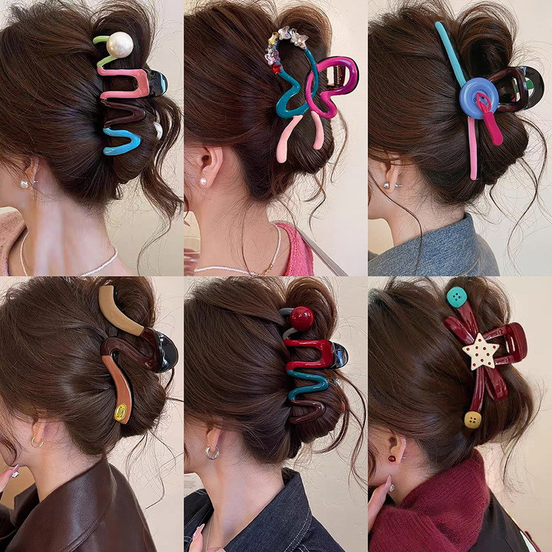 2025 New Dopamine Color-Blocking Hair Clip Sweet High-End Shark Clip Claw Clip Back of the Head Bun Hair Accessory Hair Ornament