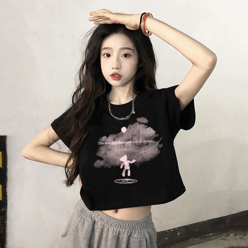 Black Cotton Short T-shirt Women's 2024 Summer New Shoulder Short-sleeved Top Instagram Fashion Half-sleeved Slim-fit T-shirt