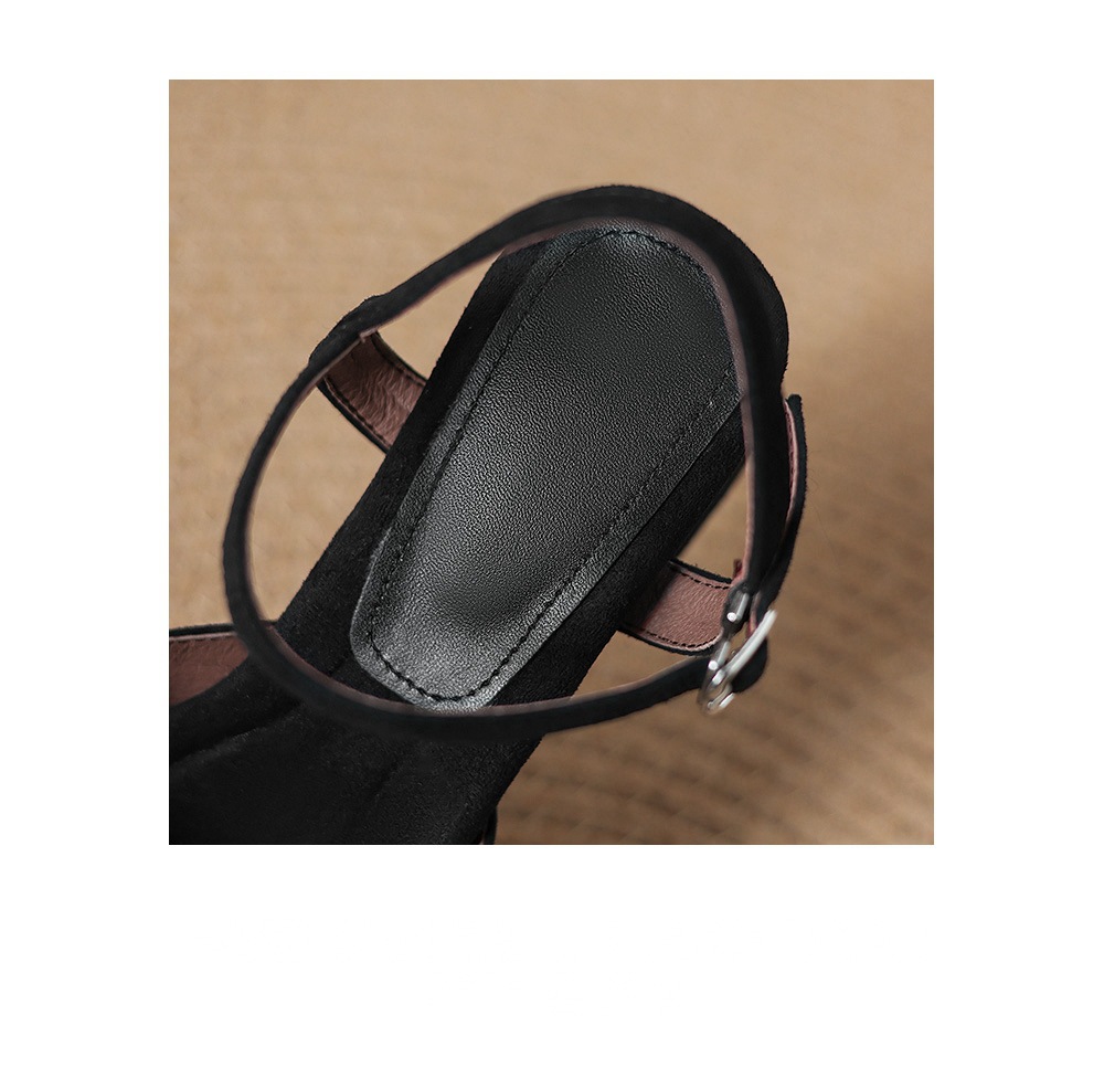 Sandal nữ mũi vuông hở ngón chân da lộn gót thấp quai ngang khóa một dây — màu nâu chi tiết 11