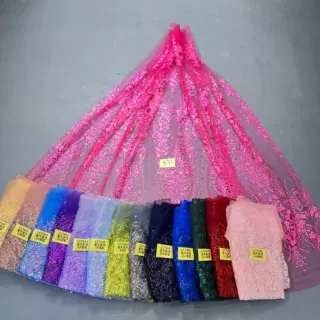 新款LC7644花型3D立体金光系列10Y起订 婚纱礼服面料 网纱洒金片