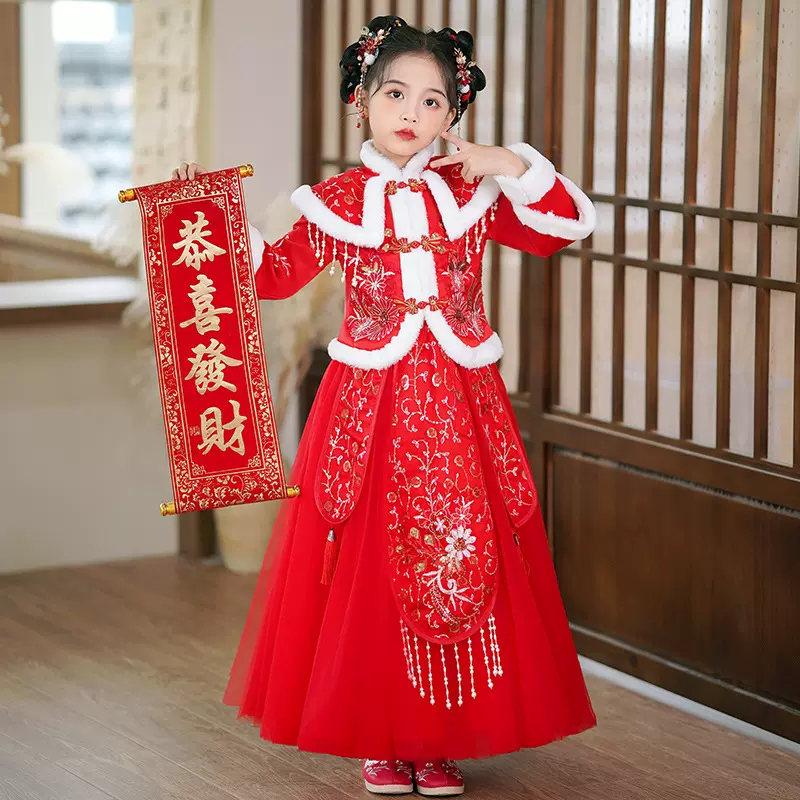 女童冬季汉服加绒加厚中国风新年装中式高端公主裙儿童唐装拜年服