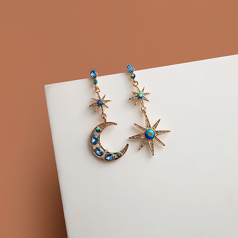 Rhinestones Inlay Material 1 Pair Retro Star Moon Inlay Alloy Rhinestones Drop Earrings