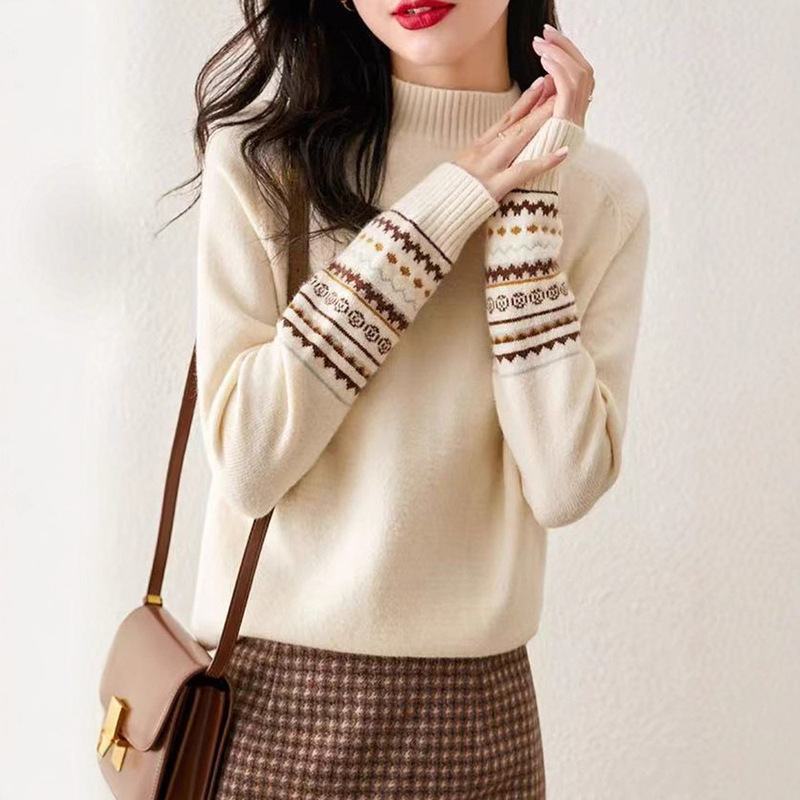 Autumn and Winter New Knitted Bottoming Shirt for Women, Half Turtleneck Pullover, Thickened Top, Loose, Simple and Versatile Long-Sleeved Sweater for Women