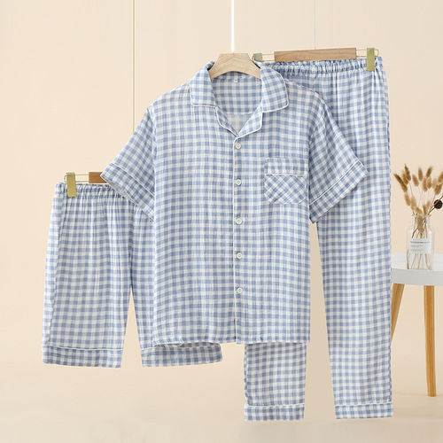 Couples cotton gauze summer women's short-sleeved pajamas Japanese simple plaid thin three-piece home wear set