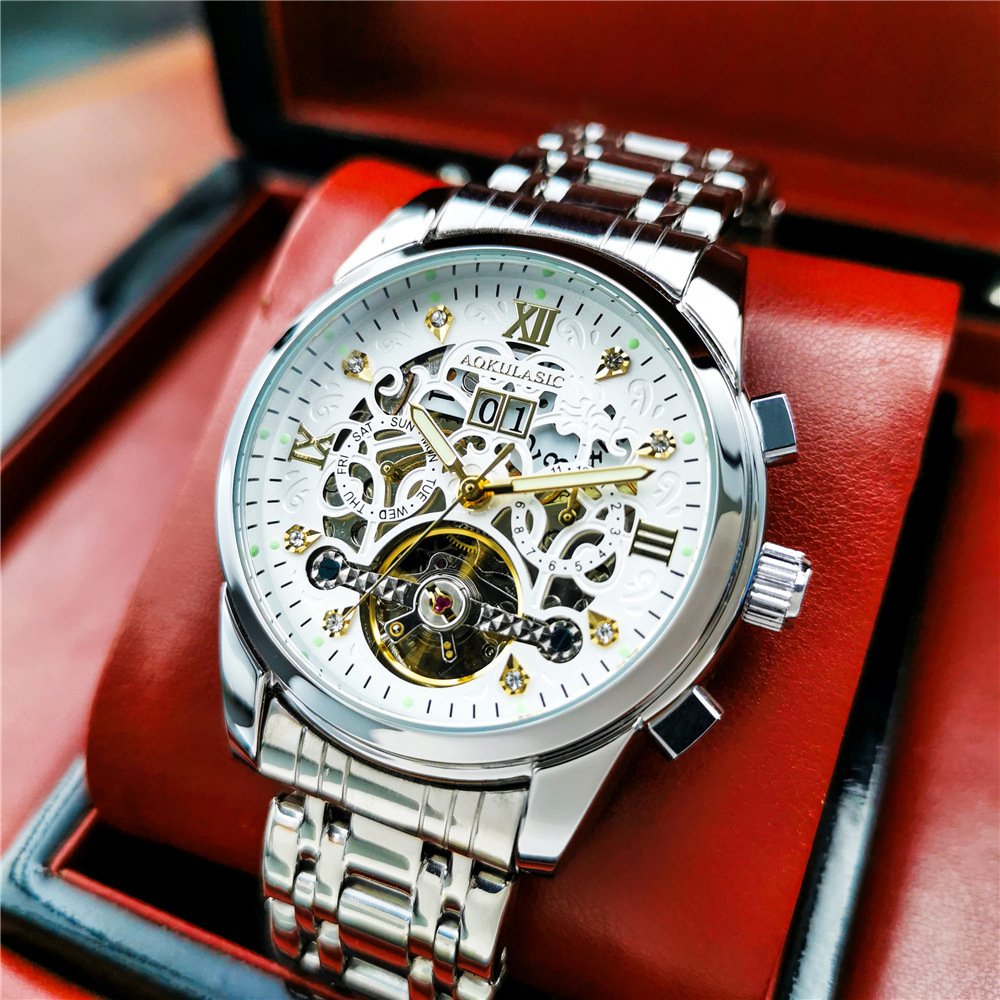 AOKULASIC/ogulas hombres rhinestone reloj mecánico automático hueco doble calendario multifuncional reloj de correa de acero