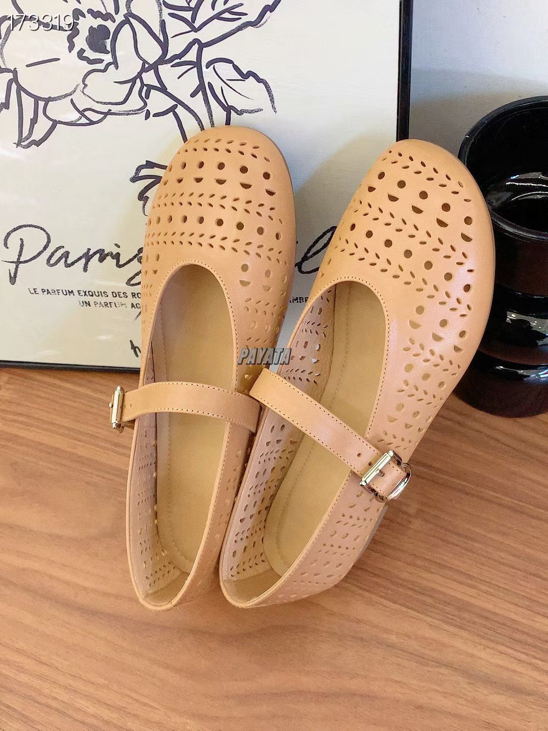 Giày bệt nữ mũi tròn miệng nông da thật đục lỗ thoáng khí — Màu mơ chi tiết 5
