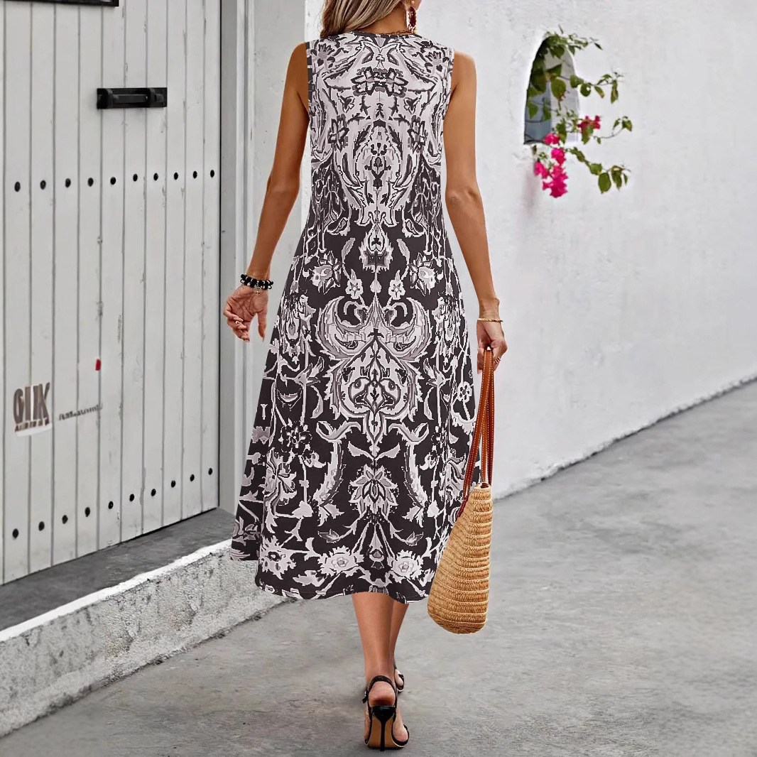 2025 Cross-Border Foreign Trade Bohemian Printed For Women, Summer Fashionable Elegant Round Neck Sleeveless Long Dress_ecoleips.com