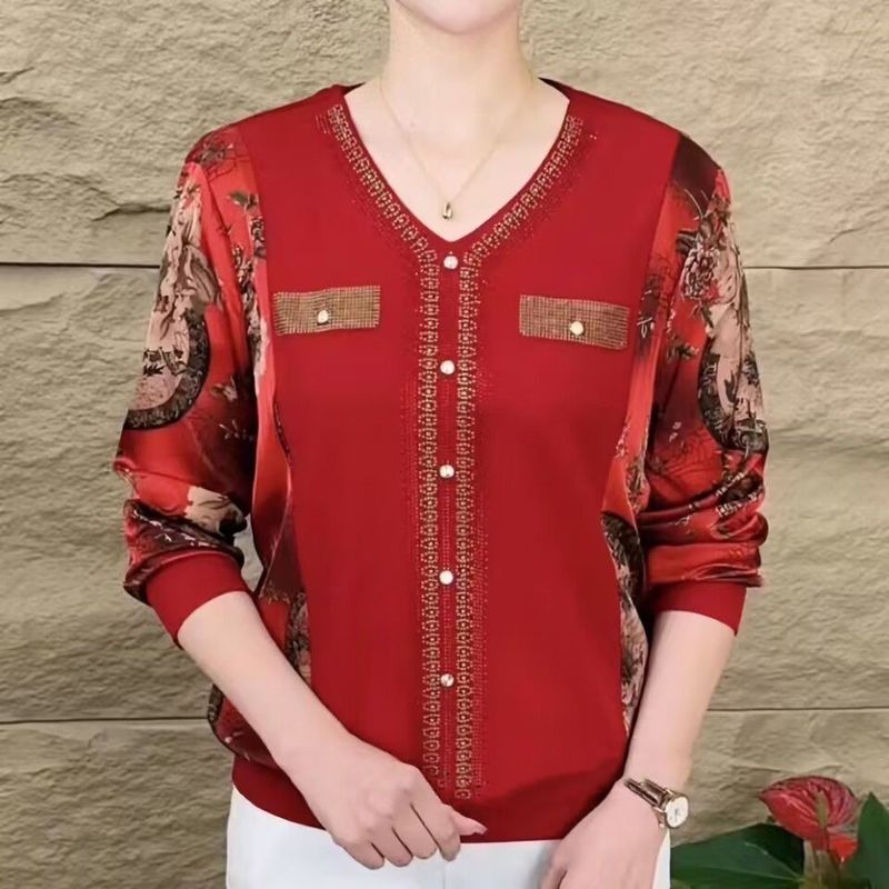 韓国の長袖tシャツの女性vネックのホットドリルの秋の新型のお母さんの服はゆったりとお腹を隠して痩せています。|undefined