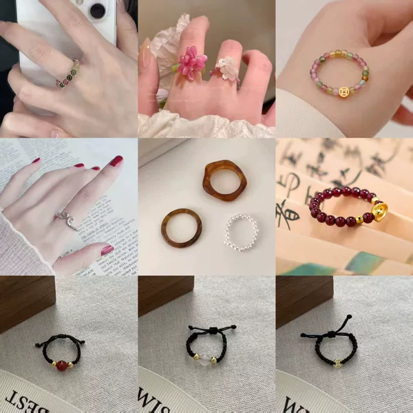 Xiaohongshu's Same Style Natural Stone Rainbow Tourmaline Ring, Fashionable Beaded Flower Retro Ring, Niche Female High-End Sense