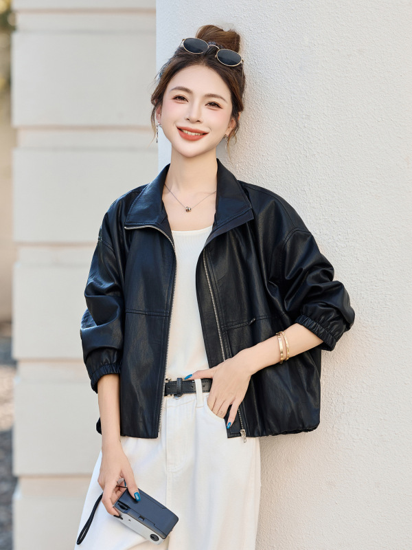 2025秋季新款宽松休闲时尚纯色百搭长袖立领女式皮衣外套YW9010|undefined