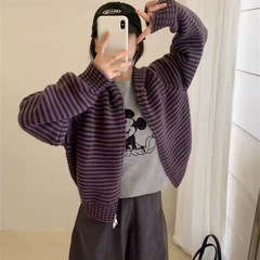 韩系连帽条纹毛衣外套秋冬季新款时尚氛围感宽松慵懒加厚针织上衣