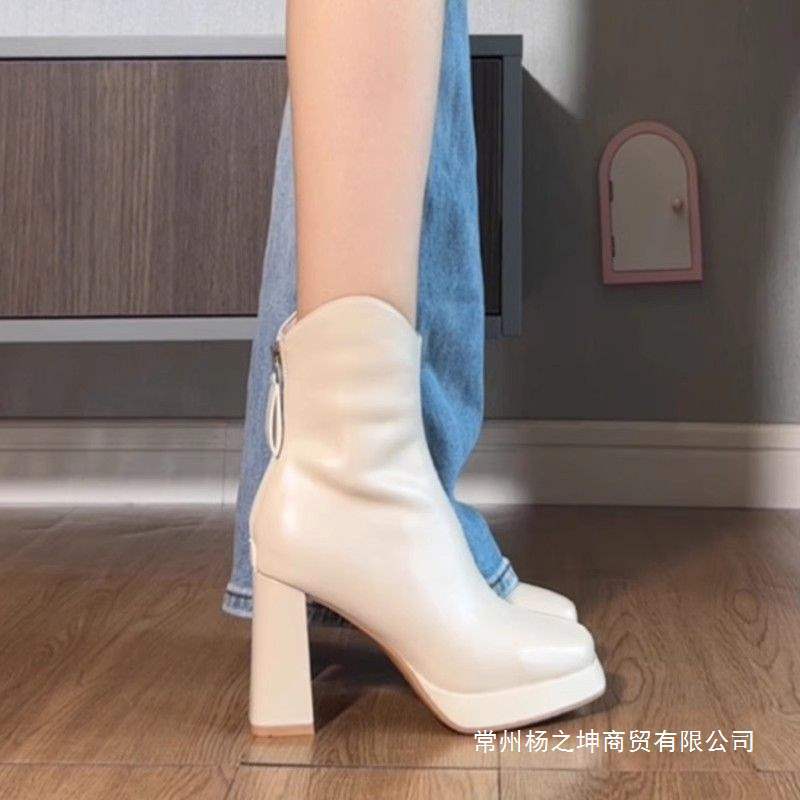White Slim Martin Boots, Trendy Short Boots with Chunky Heels, High Heels, Thick Soles, Waterproof Platform, New Autumn and Winter Chelsea Boots for Women