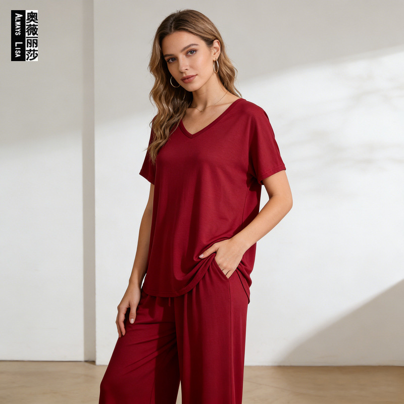 European and American Style Summer Modal V-Neck Short Front Long Back Short-Sleeve T-Shirt and Wide-Leg Pants Loungewear Casual Plus-Size Two-Piece Set European and American Style Summer Modal V-Neck Short Front Long Back Short-Sleeve T-Shirt and Wide-Leg Pants Loungewear Casual Plus-Size Two-Piece Set
