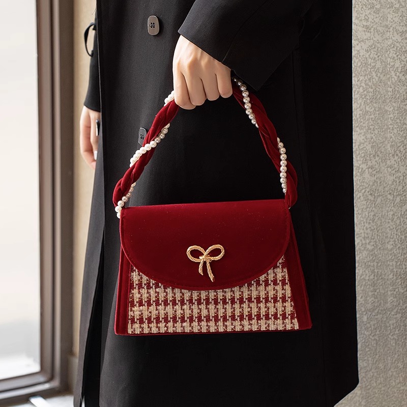 Bolso de Novia de Terciopelo con Diseño de Pata de Gallo, Rojo, de Alta Gama, para Regalo de Boda, Uso Diario, Bandolera, 2025