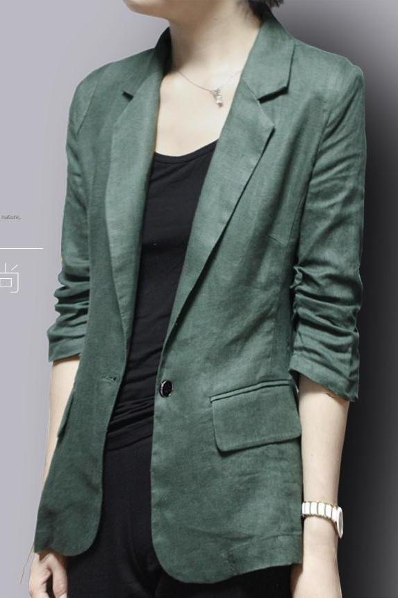 春秋棉麻小西装外套秋季新款薄款亚麻女大码显瘦西服七分袖