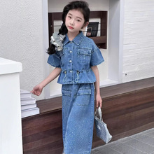 2025年夏季新款女童工艺款烫珠套装两件套外贸跨境上下套装扎腰裙