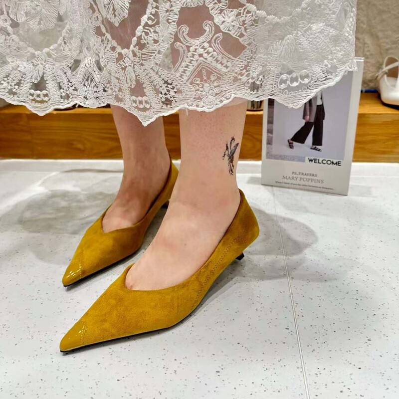Women's low-heel pointed-toe suede patchwork shoes, 2026 new model, chunky heel, shallow cut