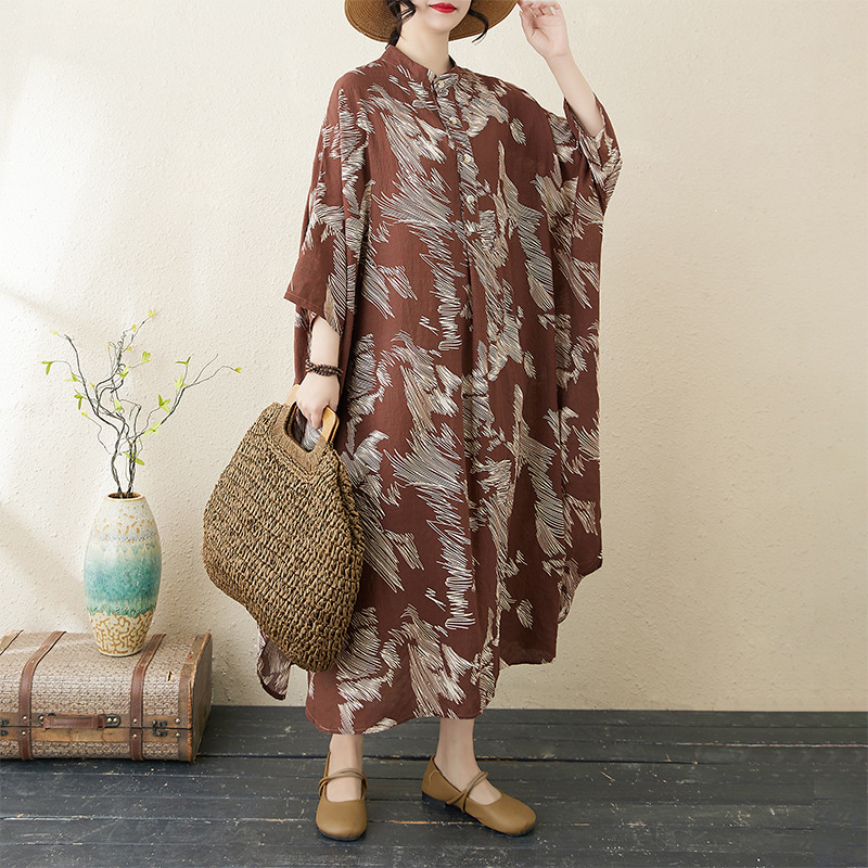 Foreign Trade dress Early Spring New Temperament Artistic Retro Printed Collar Loose Super Long plus size Holiday dress