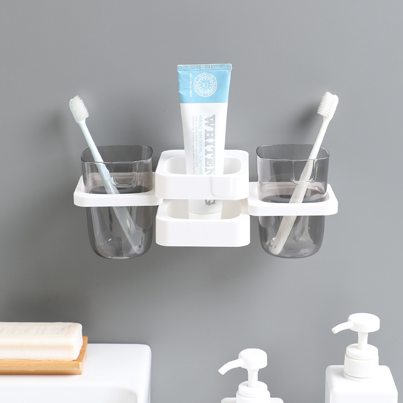 Porta spazzolino e dentifricio minimalista e creativo per il bagno, senza foratura, pieghevole, con ventosa e supporto per bicchiere per collutorio._voghion.com