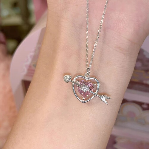 Arrow Through Heart Pink Diamond Female Student Necklace Love Clavicle Chain Light Luxury Niche Accessory Best Friend Necklace Birthday Gift