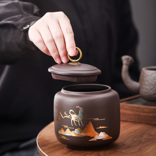 New purple clay ceramic tea canister black tea Pu'er oolong tea gift box tea storage canister capacity about 150g wholesale