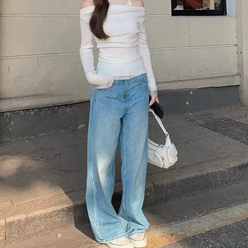 花花春日丹宁浅色高腰阔腿牛仔裤女春夏垂感显瘦宽松直筒拖地裤